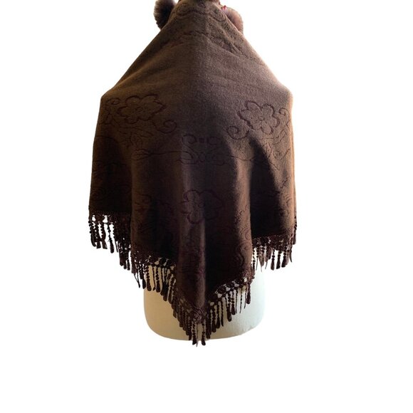 Vintage Woven Textured Fur Pom Pom with Embroidered Fringe Brown Art Shawl Brown - Picture 5 of 11